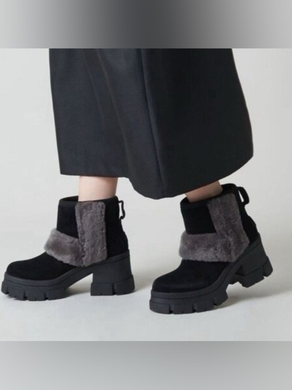 UGG Black Brooklyn Sunburst Ankle Boots with Gray Faux Fur Trim